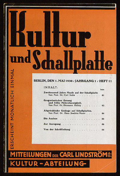 Titelblatt des 11. Hefts des ersten Jahrgangs der Werbezeitschrift Kultur und Schallplatte