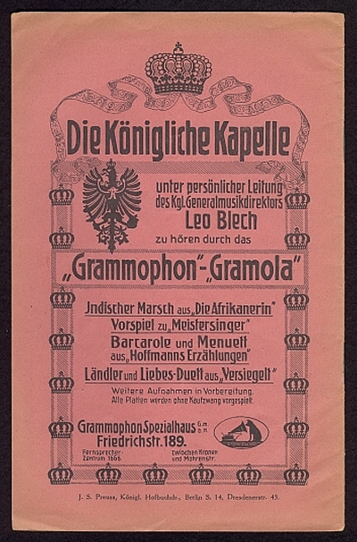 Umschlag eines Pgragrammheftes mit einem Inserat für die ersten Schallplattenaufnahmen der Berliner Königlichen Kapelle