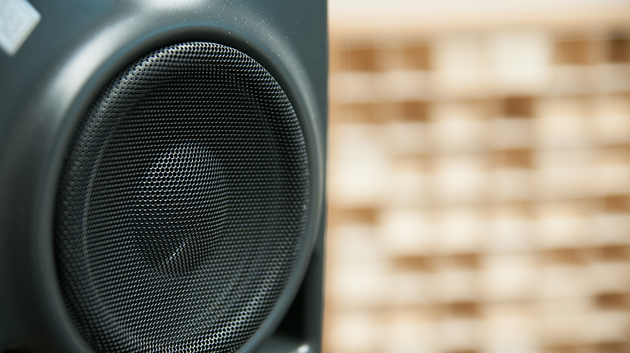 Two-part picture. On the left, the detail of the membrane of a loudspeaker in black.