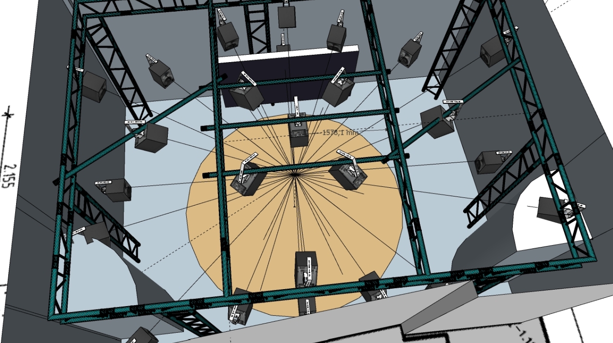 Drawing showing a metal frame from above with many speakers hanging from it.