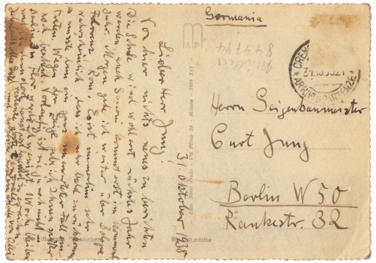 Backside of a postcard with handwritten text