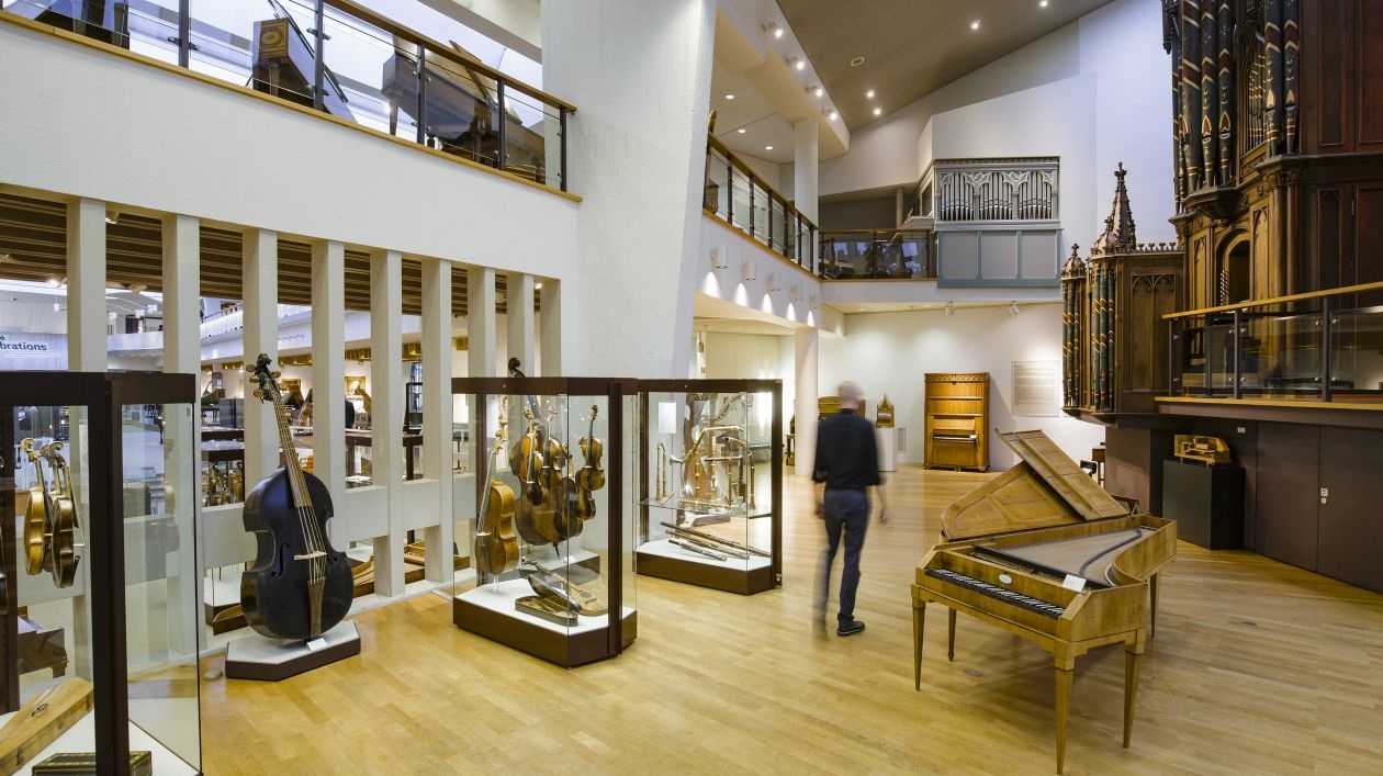 View of the collection toward the north end of the museum, with prospect of the Gray organ on the right