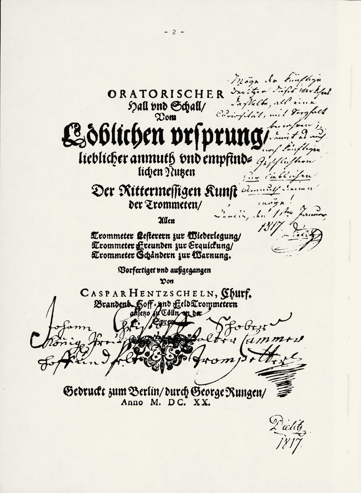 Titelblatt Caspar Hentzschel, "Oratorischer Hall und Schall ...", Berlin 1620