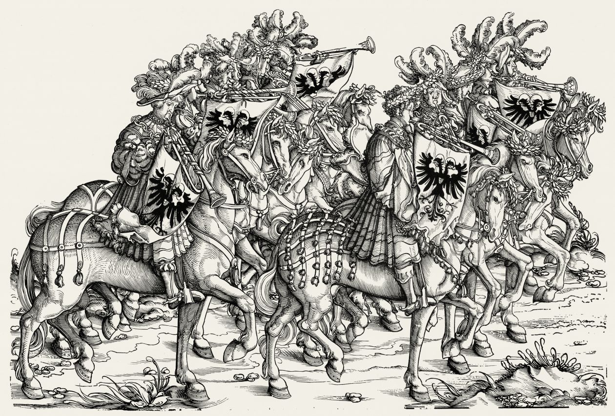 Abbildung kaiserlicher Trompeten aus dem Triumphzug Kaiser Maximilians I., um 1500