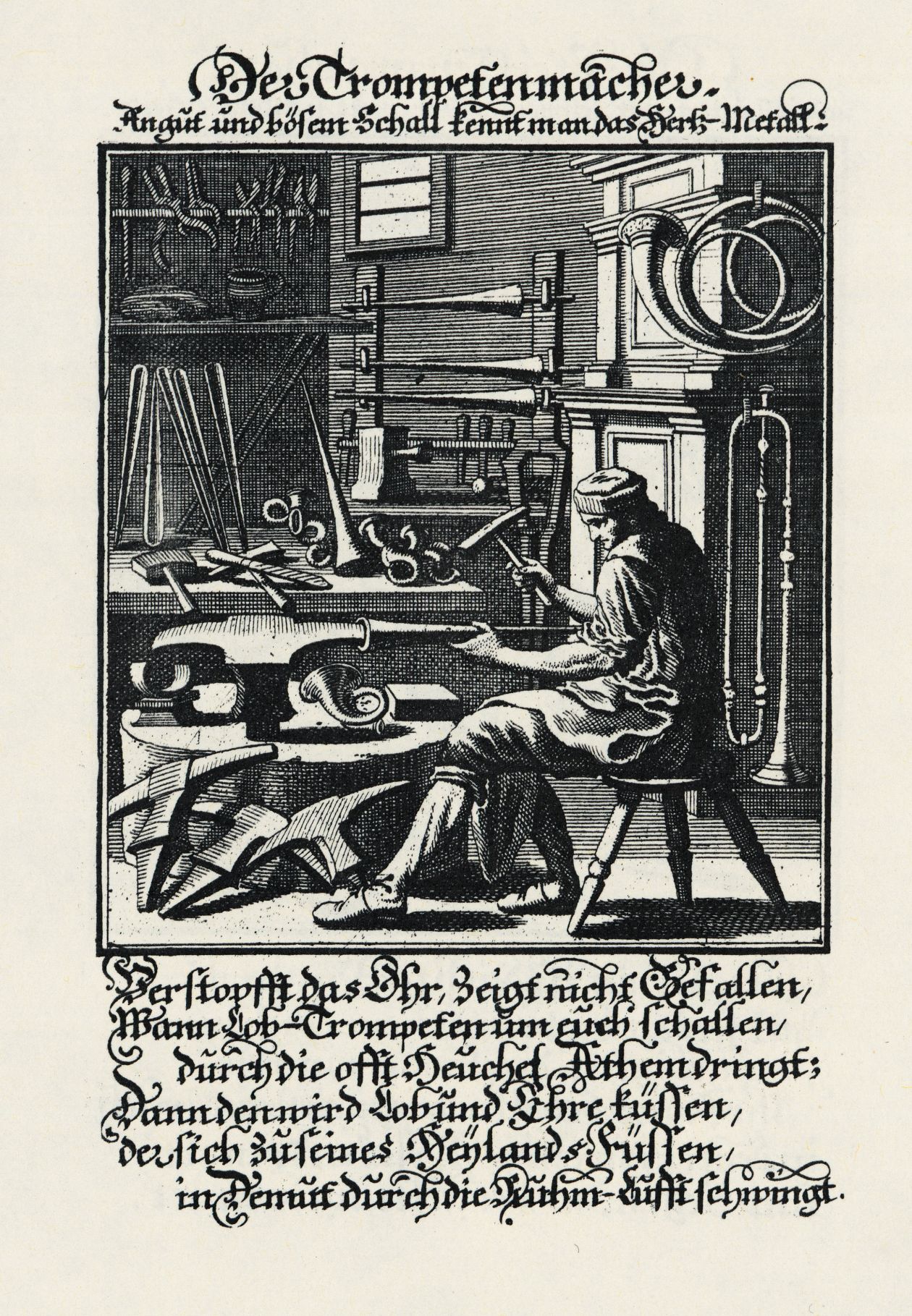 Historische Abbildung eines Trompetenmachers (Christoph Weigel, 1698)