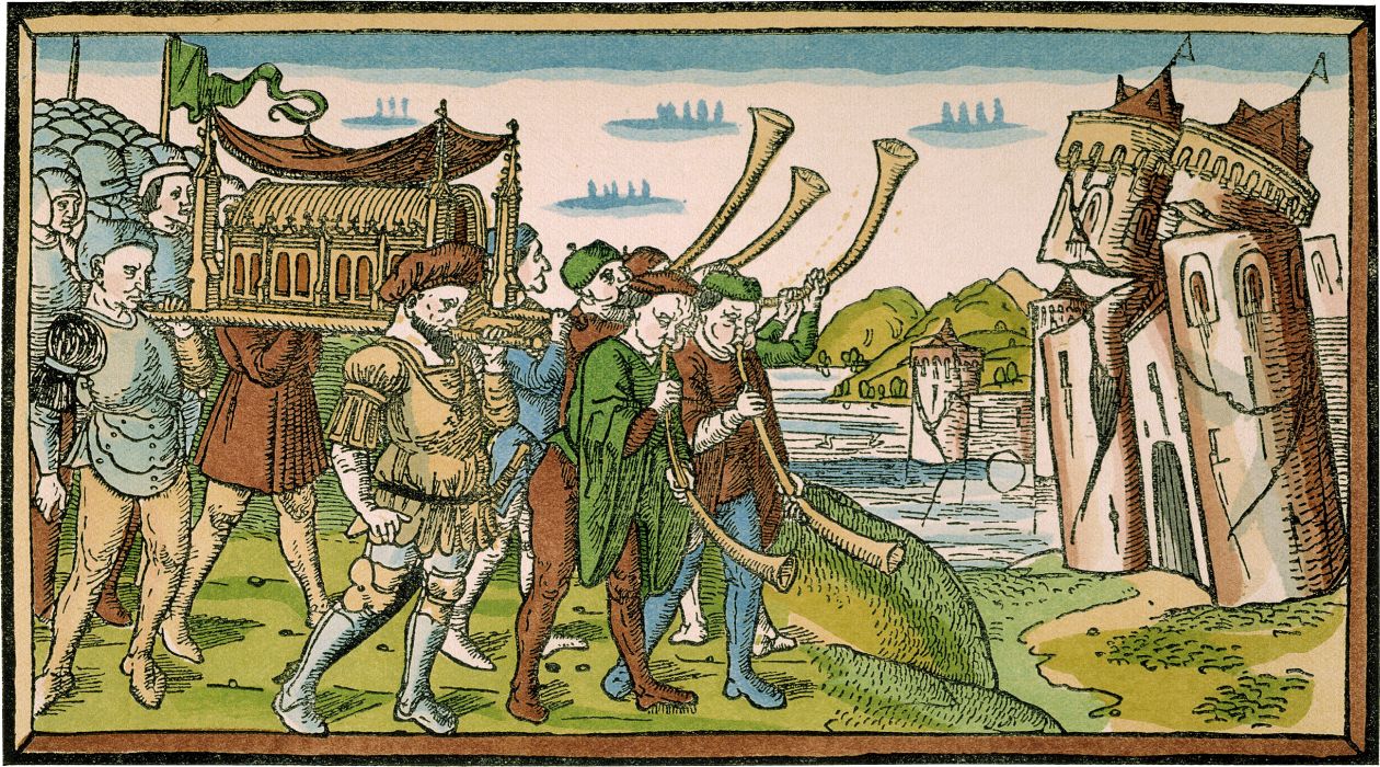 Abbildung Trompeten vor den Mauern von Jericho, Holzschnitt aus der Lübecker Bibel, 1494