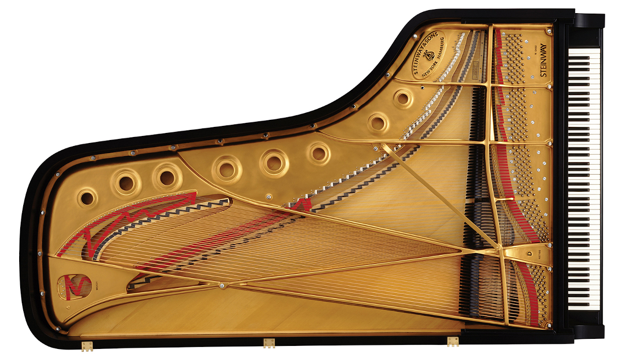 View into a Steinway grand piano from above without lid