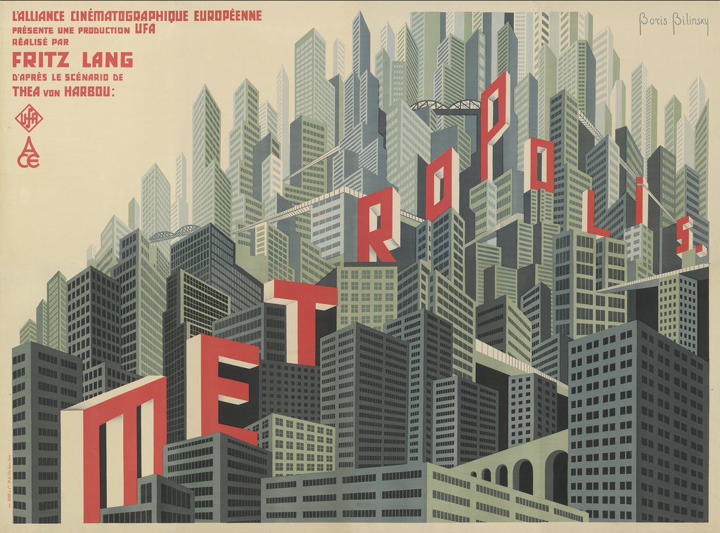 Poster in beige and gray. Skyscrapers are piled up to form a mountain, with red lettering above them.