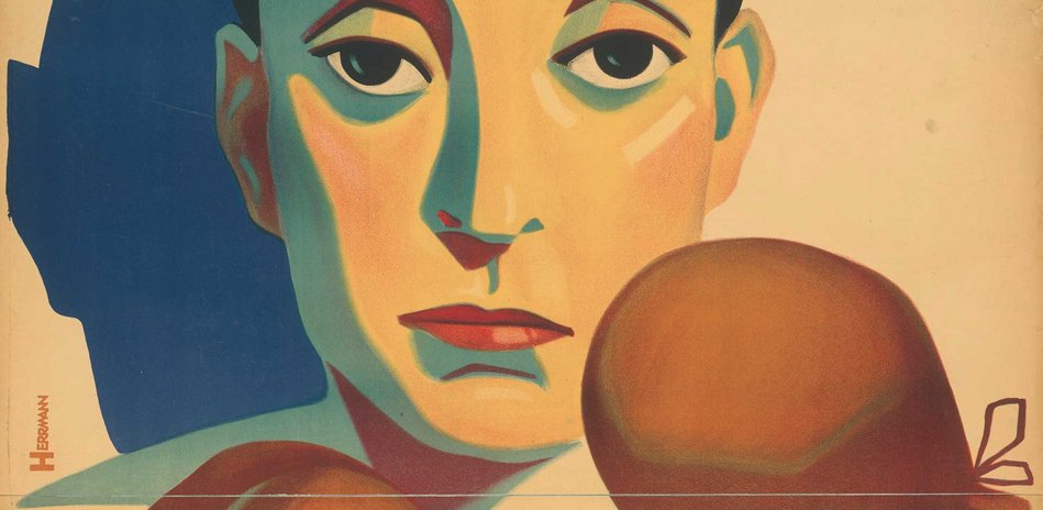 Alfred Herrmann, Buster Keaton als Boxer, Detail, Lithografie, 1927 © Staatliche Museen zu Berlin / Dietmar Katz Gemaltes Gesicht mit Boxhandschuhen davor und Schlagschatten